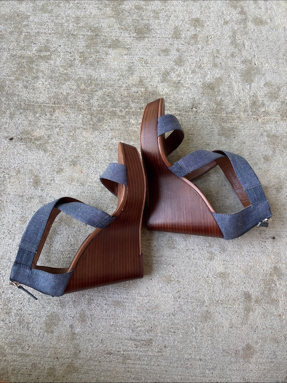 White House Black Market Chambray Crisscross Wedge Sandals - Blue and Brown - Picture 9 of 15